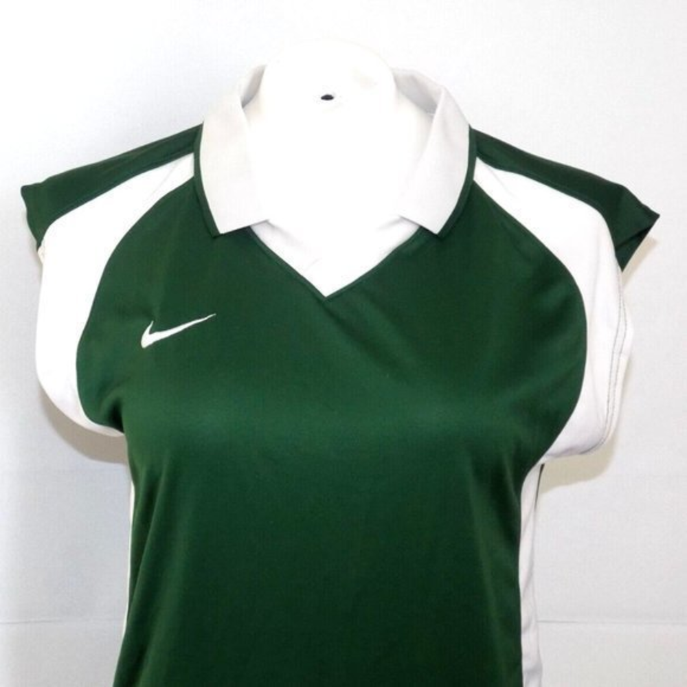 Nike Dri-FIT Sleeveless Jersey Top Green White Women Medium Polo V-Neck Athletic